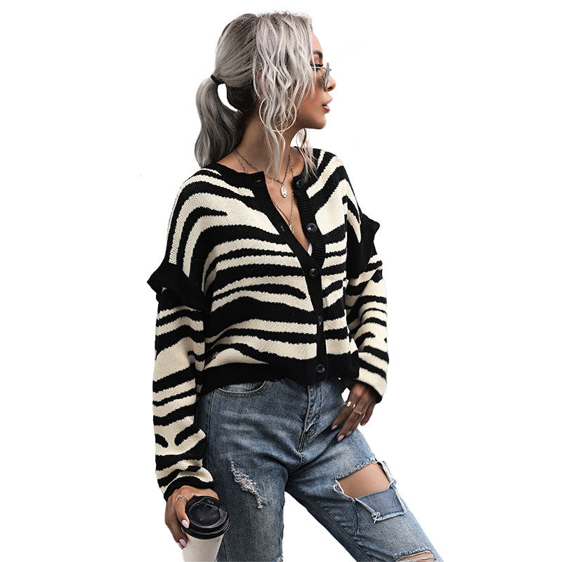 Lazy Autumn Zebra-Print Cardigan Knit Sweater Short Coat Women