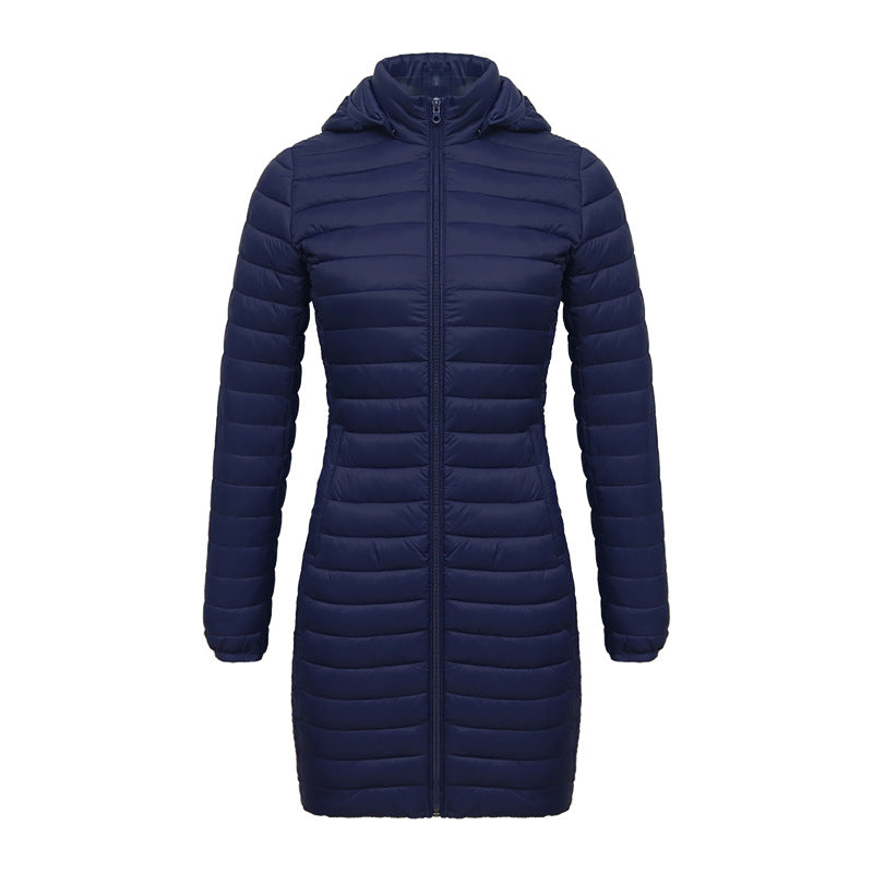 Women's Fall/Winter Lightweight Mid-Length Slim-Fit Cotton-Padded Jacket Removable Hooded Casual Commuter Coat