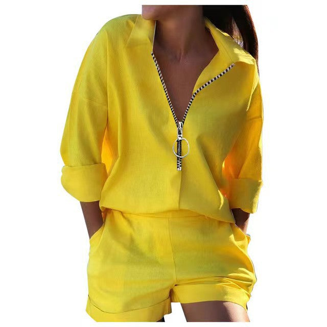 Autumn And Winter New Women's Top Long-Sleeved Printed Zipper Shorts Two-Piece Suit