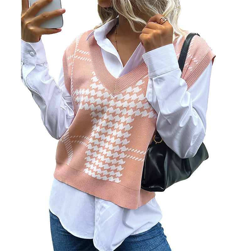 New Early Autumn Fashion Women's Sleeveless Jacquard Thousand Bird Sweater Vest Woman