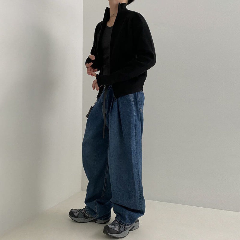 Zipper Knit Cardigan Jacket Men's Autumn Version Of Loose Stand Collar Lazy Half Turtleneck Sweater