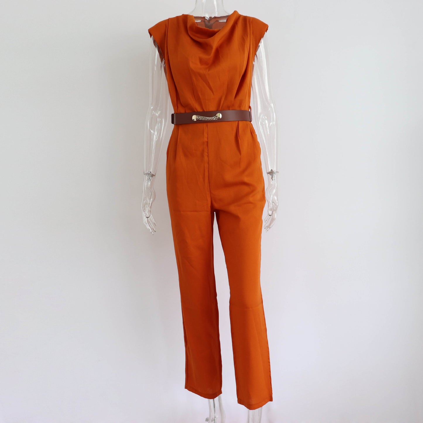 Summer New Fashion Commuter Jumpsuit Women's Crew Neck Shoulder Pad Sleeveless Waist Waist Rompers For Women