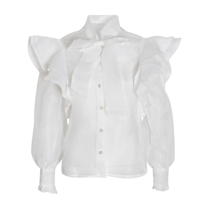 Palace Style Thin Organza Blouse For Women Spring Bow Tie With Stand-Up Collar Lantern Sleeve Slim Blouse For Women