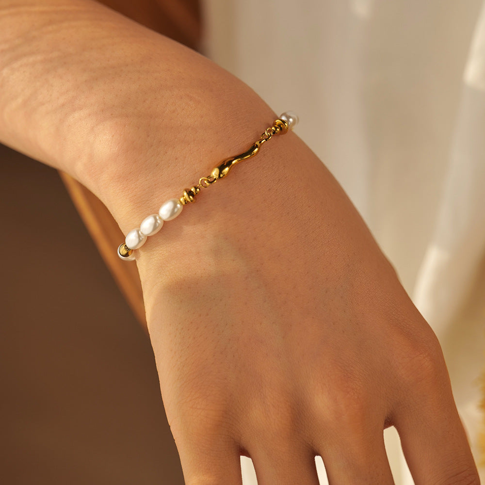 5pcs New Fashion Style 18K Stainless Steel Inlaid Pearl Shaped Drop Cast Piece Retro Hand Bracelet