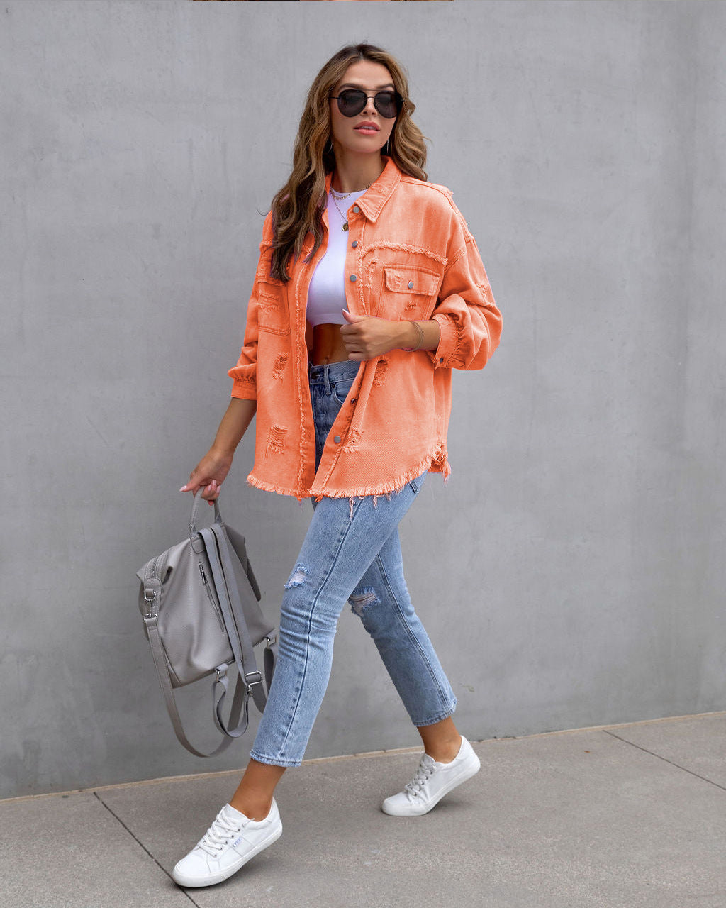 New Wind Long Rough Edge Hole Denim Coat Female Autumn And Winter Long Sleeve Casual Lapel Top