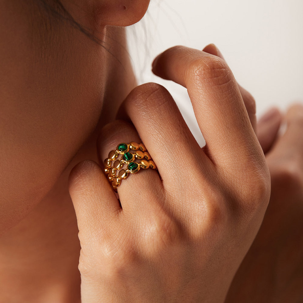 5pcs Ring 18K Gold Set Peacock Stone Ring Stainless Steel Women's Open Ring Ring Jewelry
