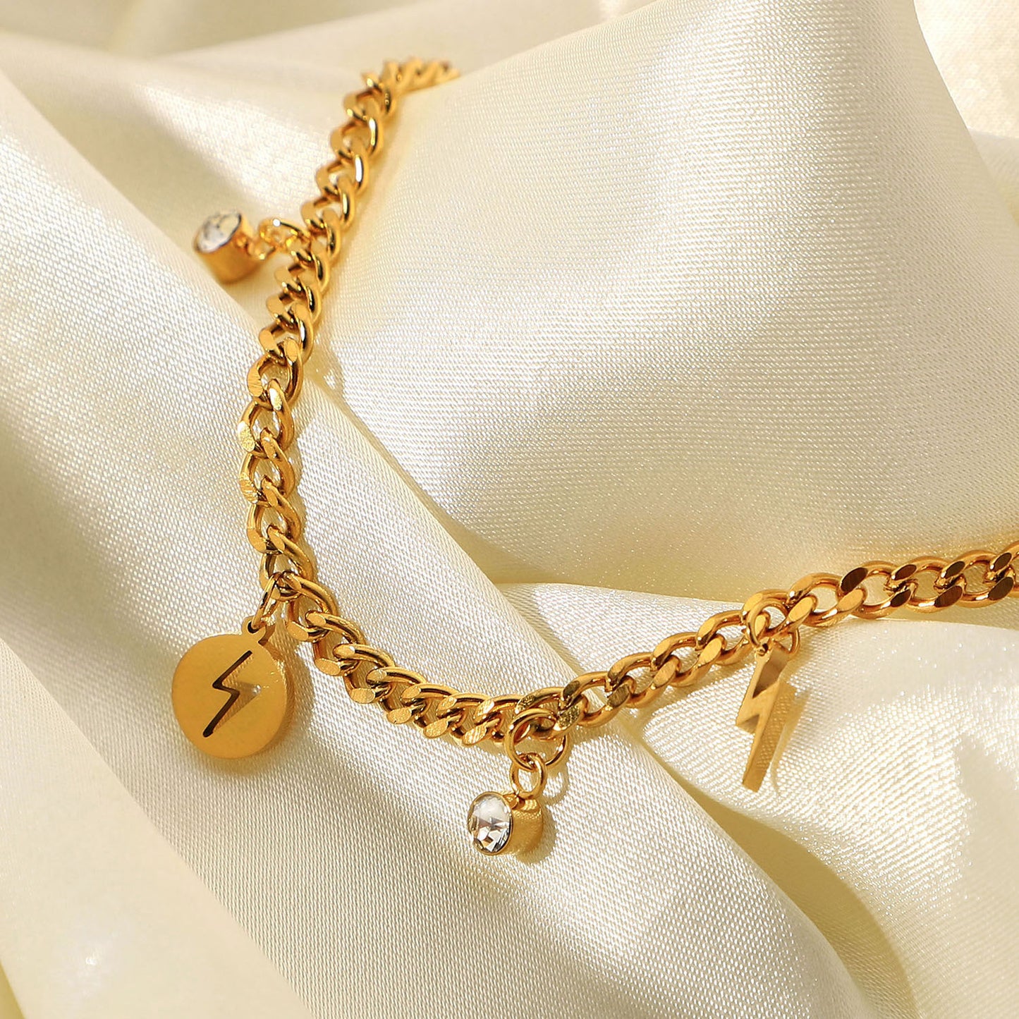5pcs Personality With 18K Gold-Plated Stainless Steel Lightning Small Round Zircon Pendant Bracelet For Ladies
