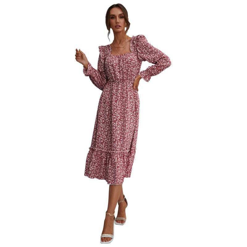 New Fashion Spring Women's Long-Sleeved Floral Square Collar Dress