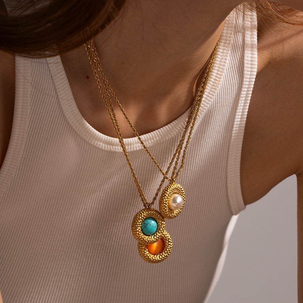5pcs 18K Gold Stainless Steel Hammer Set Cat's Eye Round Necklace Does Not Fade Titanium Steel Jewelry
