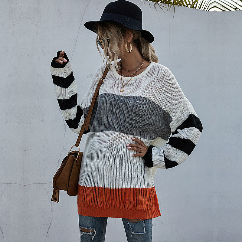 Fashion Women's Autumn Casual Long-Sleeved Matching Color Sweater Women's Medium Length