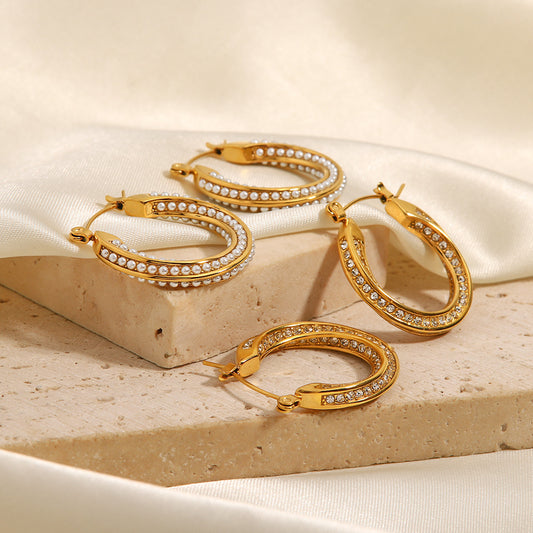 5pcs Fashion Classic Twist 18K Gold Plated Stainless Steel Set With White Pearl Earrings All-Match Earrings