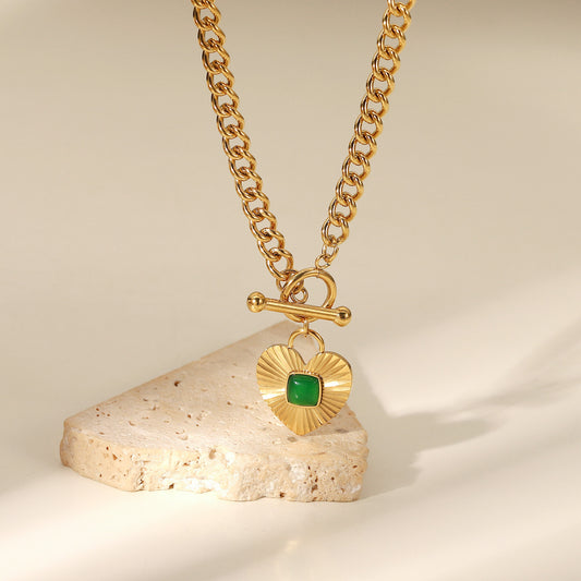 5pcs New Heart Pendant Inlaid With Green Agate Ot Buckle Cuban Chain Necklace Women's Stainless Steel Necklace