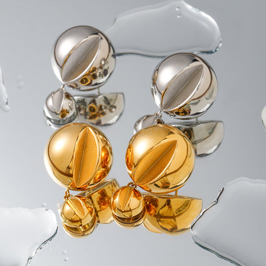 5pcs 18-Karat Gold Stainless Steel Bright Side Hemisphere Double Ball Pendant Earrings Stainless Steel Jewelry