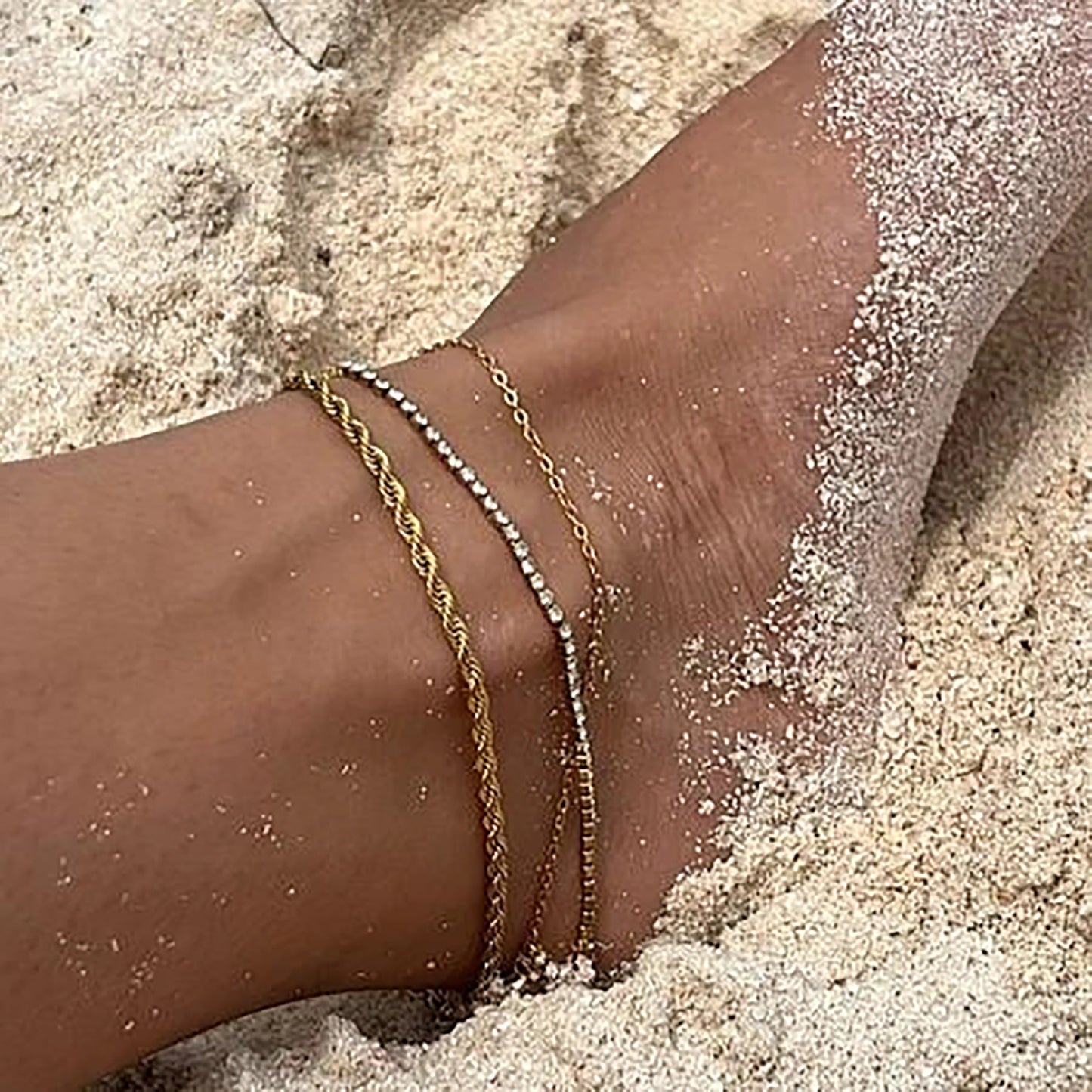 5pcs Women's New Titanium Steel Anklet Stainless Steel Fashion 2Mm Thick Gold Twist Chain Anklet Jewelry