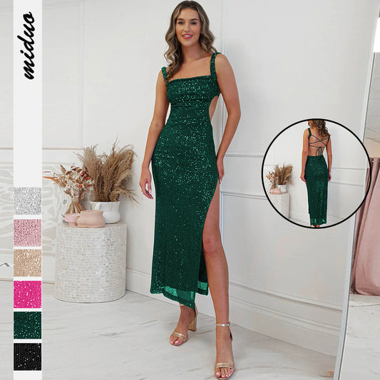 Beaded Long Dress Women's Sequin Slip Dress Sexy Halter Toast Bridesmaid Dress