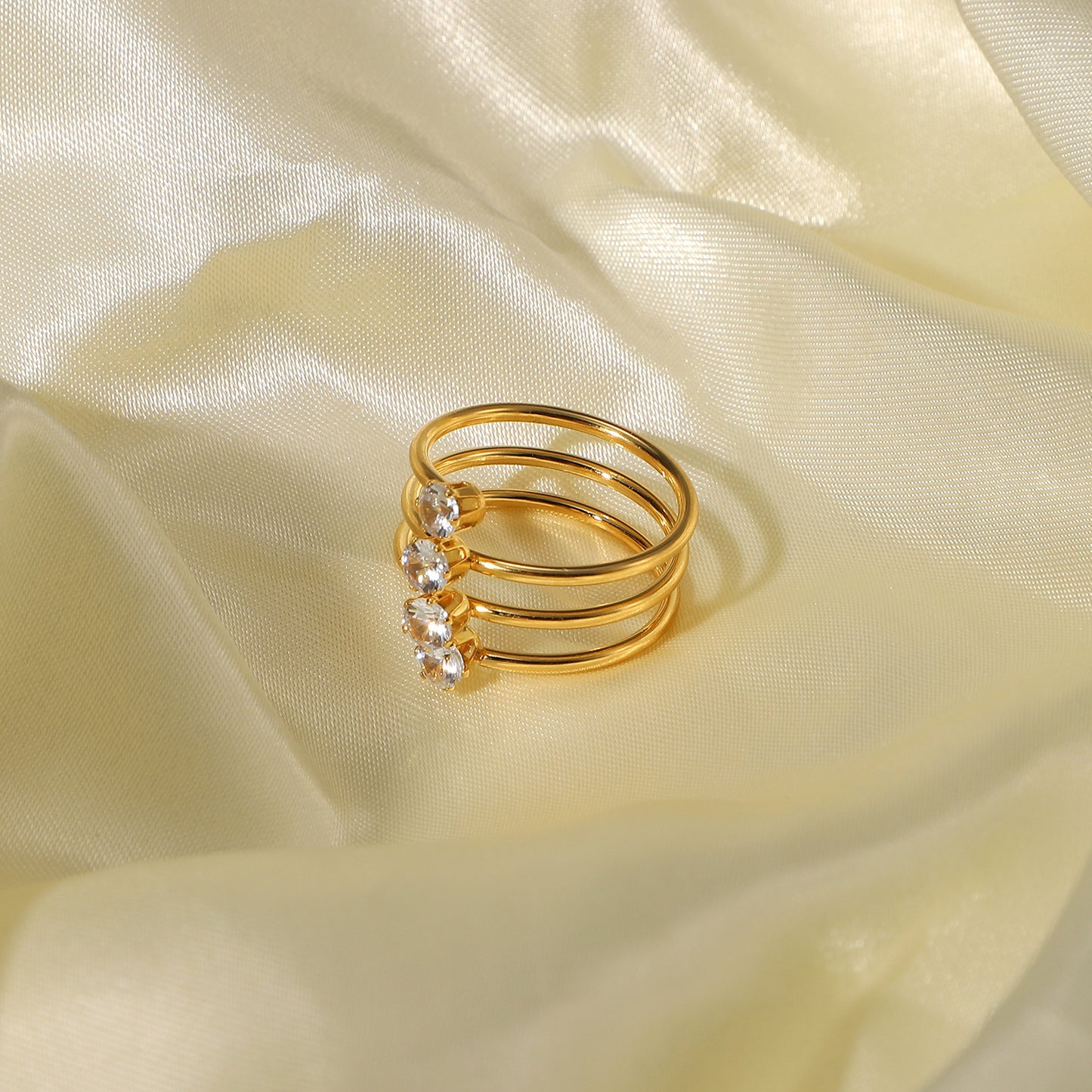 5pcs Same Side By Side White Zirconium 4 Diamond Opening Ring 18K Gold Plated Stainless Steel Ring Women's Jewelry