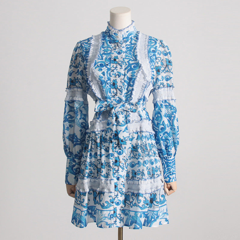 Spring New Style Of Temperament Stand Collar Lace Lacing Waist Slimming Lantern Sleeve Long Sleeve Dress Short Skirt Woman