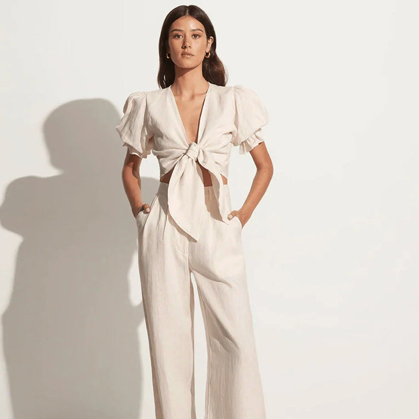 New Cotton And Linen Bubble Sleeve V-Neck Slim Short Sleeve Top And Pants Summer Fashion Women's Two-Piece Set