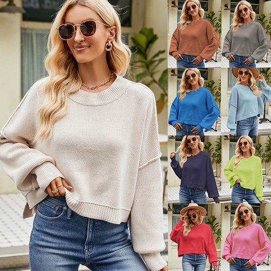 Women's New Autumn And Winter New Loose Short Pullover Sweater Fashion Long-Sleeved Round Neck Sweater
