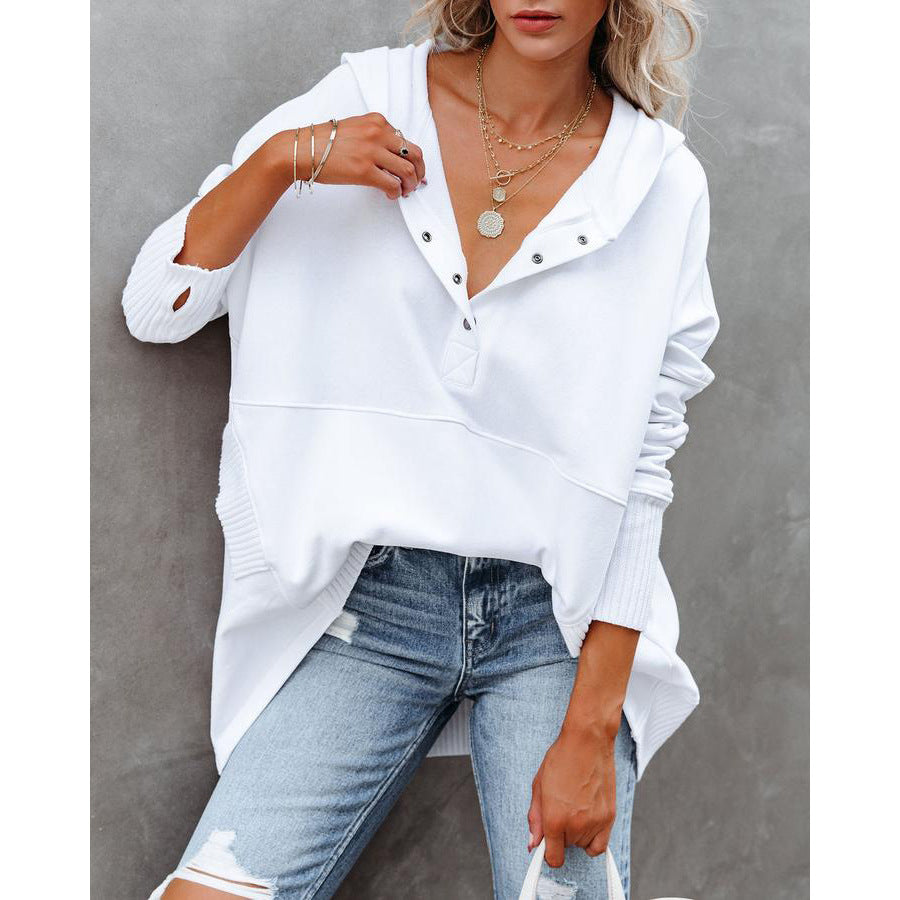 Autumn And Winter New V-Neck Hooded Multi-Color Bat Sleeve Hoodie Loose Thread Stitching Top Woman