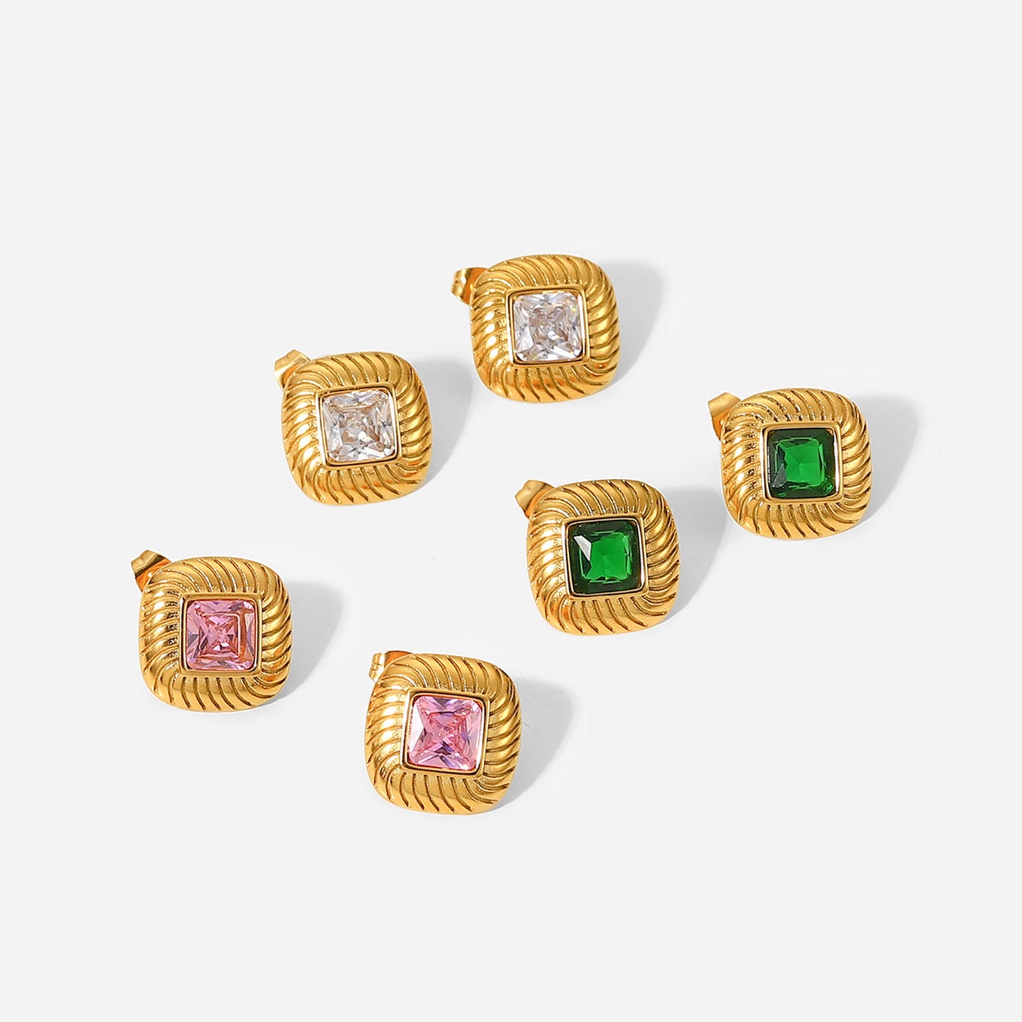 5pcs 18K Gold-Plated Square Buttons Colored Zircon Earrings Stainless Steel Green/White/Colored Cubic Zirconia Earrings For Women