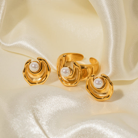 5pcs New Ring 18K Gold Stainless Steel Creative Irregular Shape Inlaid Open Ring