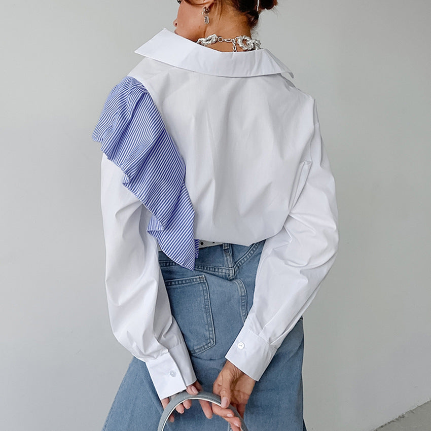 Spring Simple White Lapel Long-Sleeved Shirt With Contrasting Color Ruffled Cardigan Shirt For Women