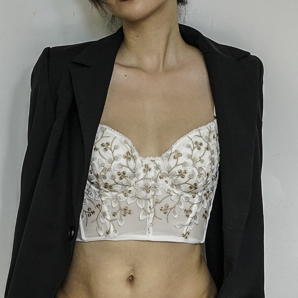 Comfortable Embroidered Lace Fishbone Waistcoat Long Lingerie Set Girls Sexy Lace Bra