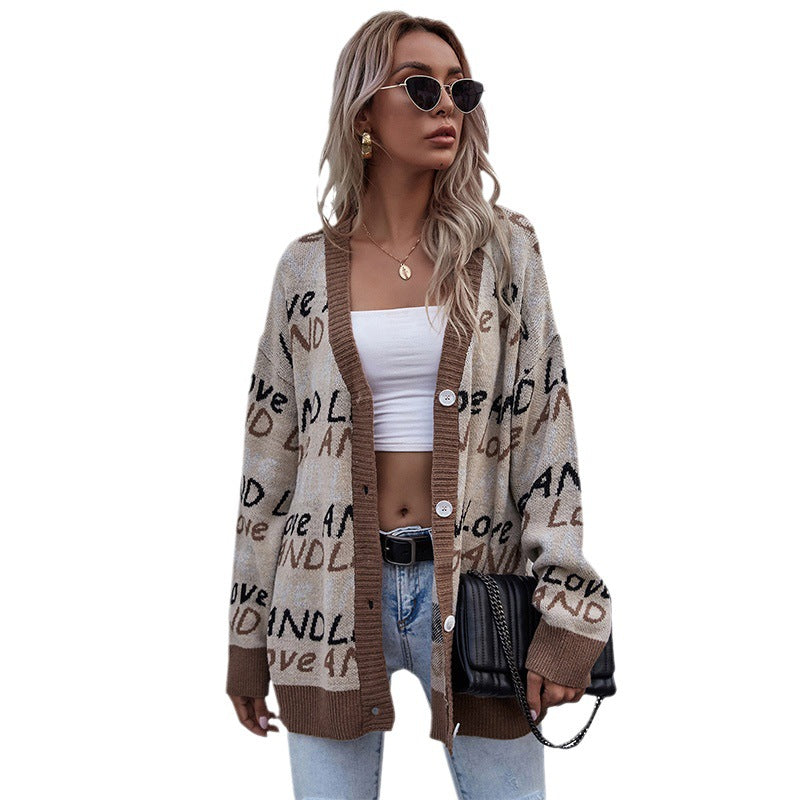 Autumn Street Style: Long-Sleeved Letter-Knit Sweater Coat for women