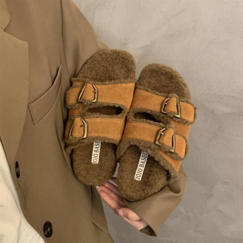 Casual Boken Shoes Women Autumn And Winter New Vintage Thick Sole Woolly Slippers Women Wear A Word Cotton Half Drag