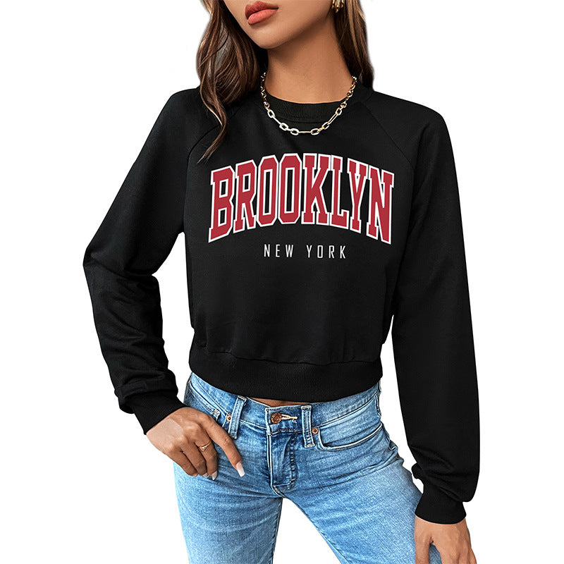 New Autumn Leisure Sports College Wind Top Short Crop Round Neck Letter Hoodie