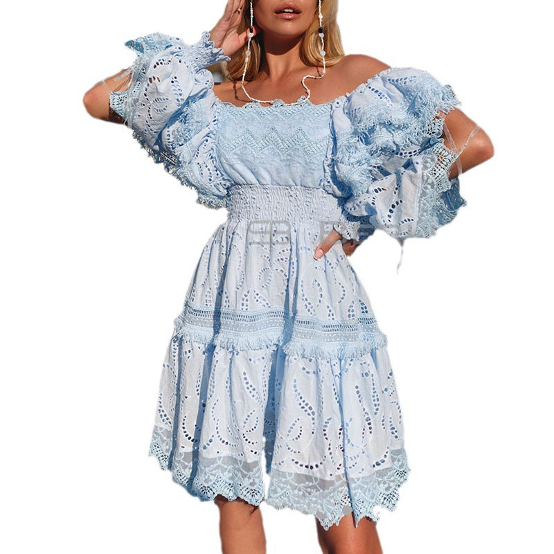 Sweet Retro Style Autumn Square Collar Puffy Sleeves Personality Ribbon Drawstring Design Elasticated Waist Dress