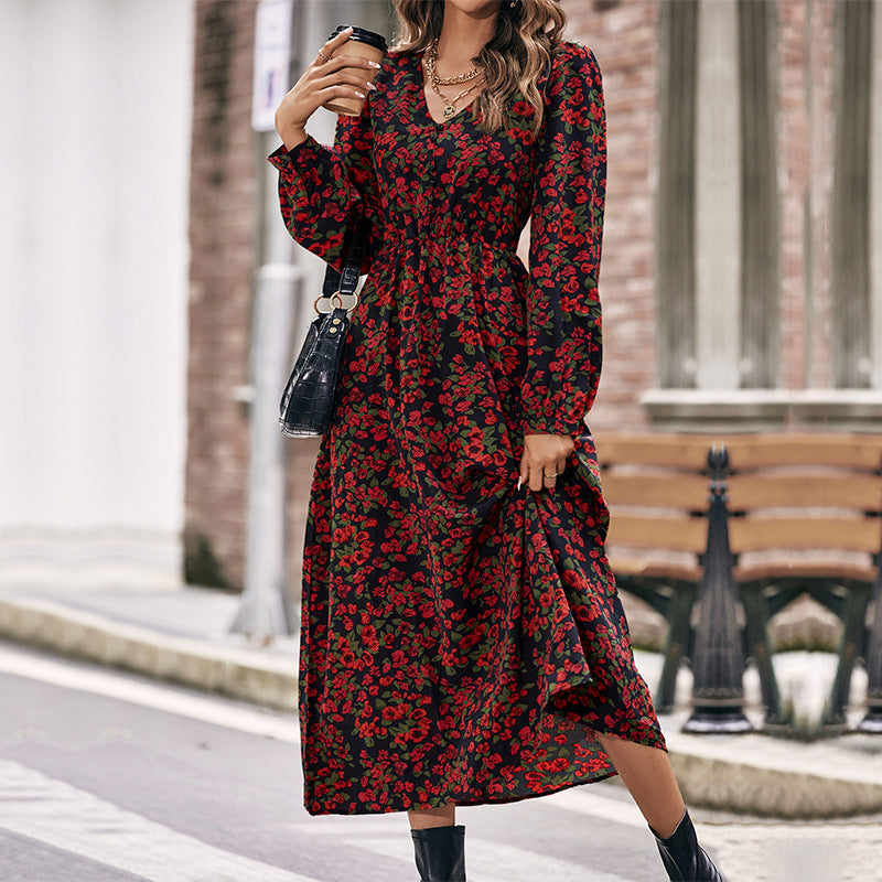 Fashion Autumn Women's Temperament New Luxury Long-Sleeved V-Neck Slim-Fit Printed Dress