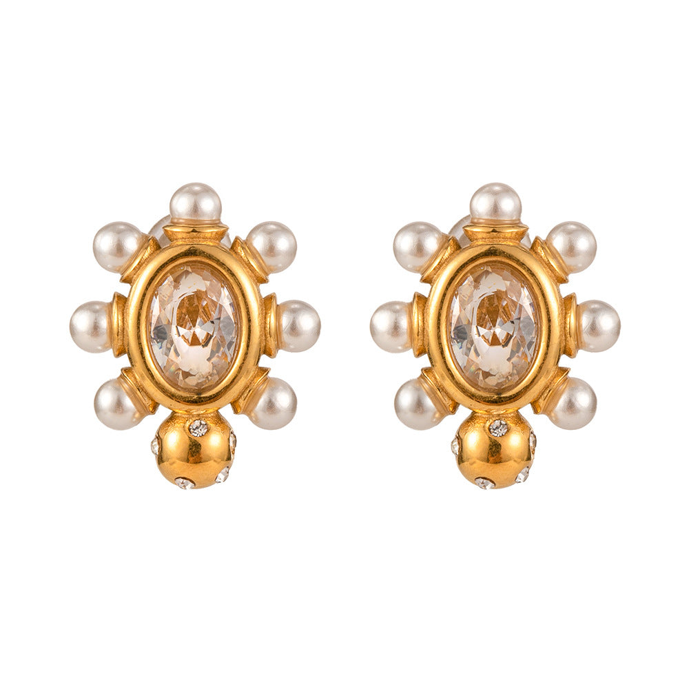 5pcs 18K Gold Stainless Steel Round Inlaid Zircon Pearl Earrings Women's Fashion All-Matching Geometric Earrings