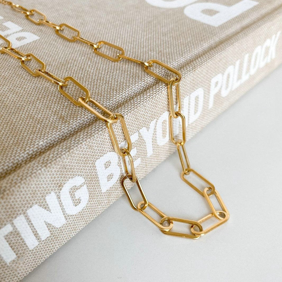 5pcs Punk Hip Hop Paper Clip Chain Necklace Jewelry Vacuum Plated 18K Gold Stainless Steel Collar For Women