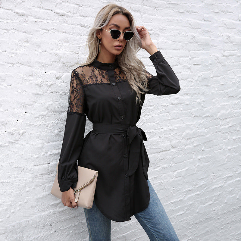 Solid Color Women's Long Round Neck Long Sleeve Waist Black Patchwork Lace Shirt