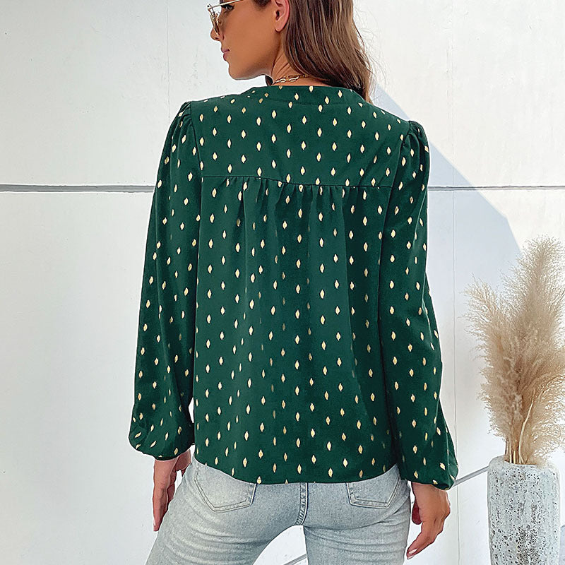 New Autumn And Winter New Women's Long Sleeve V Open Collar Hot Gold Shirt