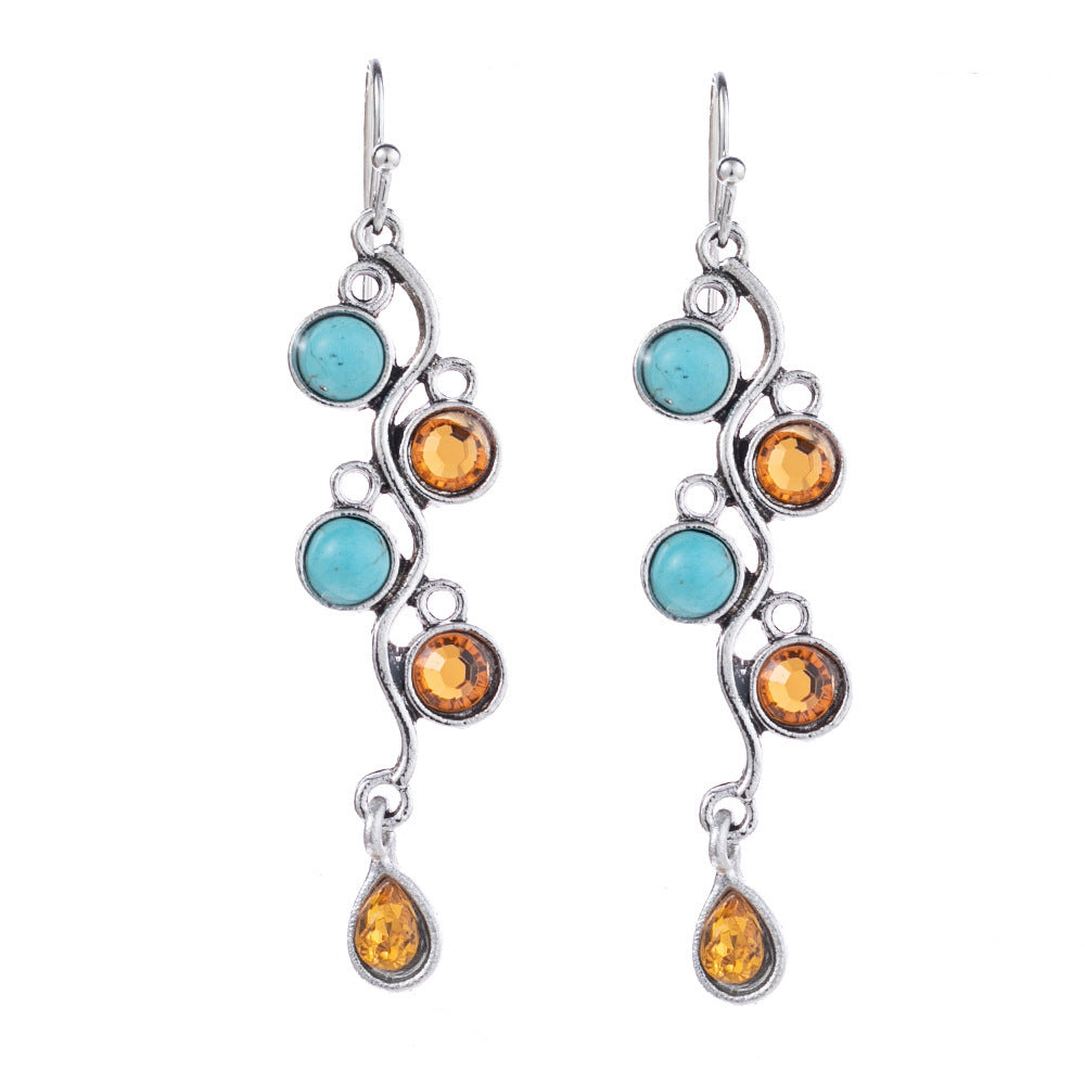 Retro Turquoise Diamond Set Fashion Fringe Long Women'S Earrings