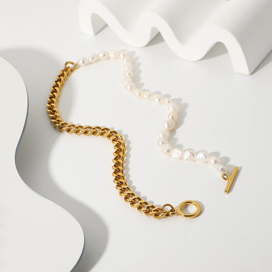 5pcs Classical Ot Button Cuban Chain Light Necklace Pearl Stainless Steel Half Chain Half Pearl Patchwork Necklace Jewelry Women