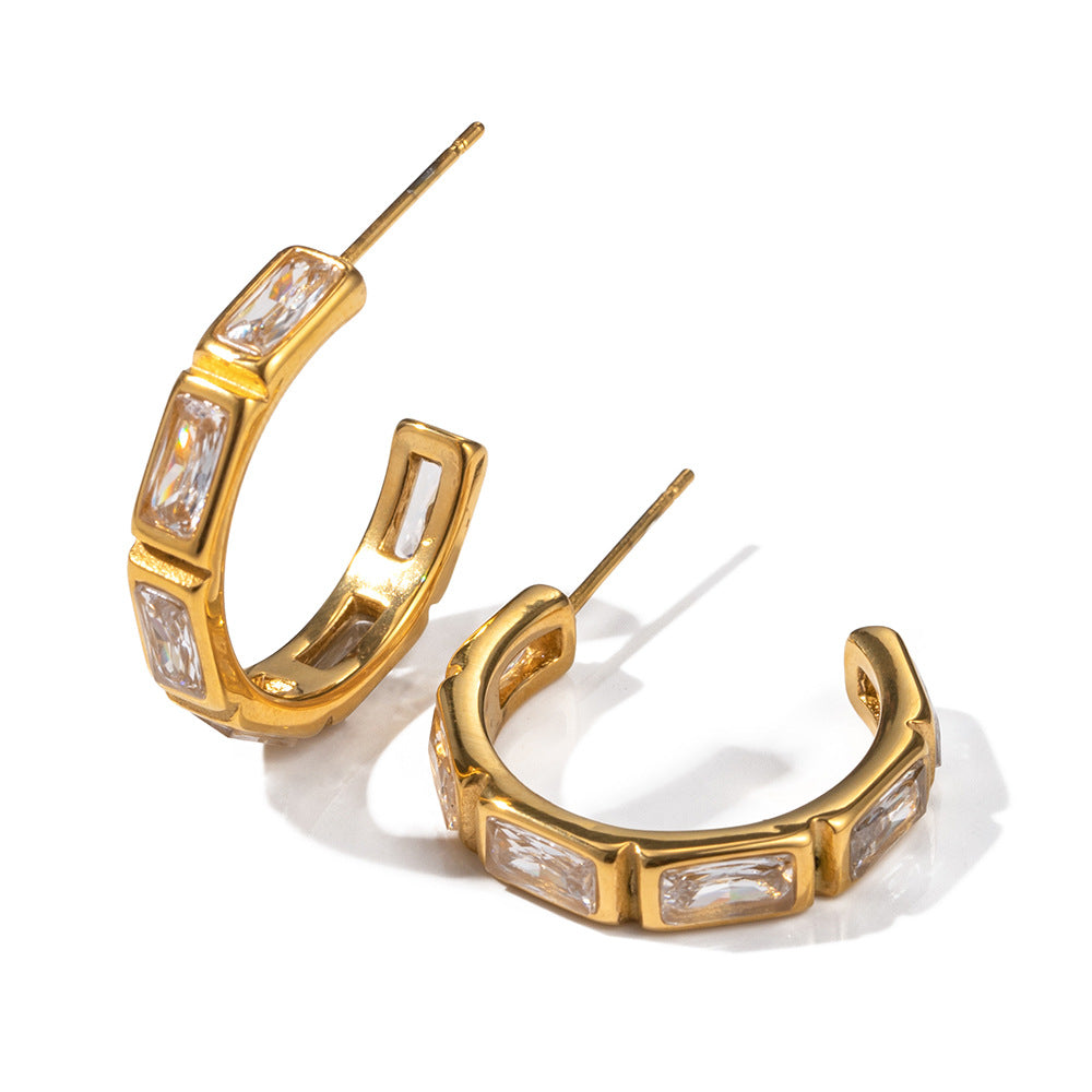 5pcs 18K Gold Stainless Steel Inset Zircon Earrings C-Shaped Advanced Design Do Not Fade Earrings For Women