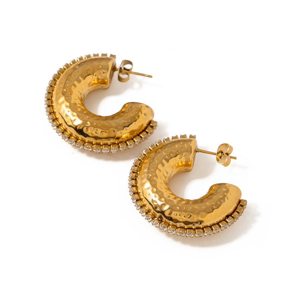 5pcs Titanium Steel 18K Gold Stainless Steel Hammer Pattern Inlaid White Diamond C-Shaped Earrings Temperament Niche Design