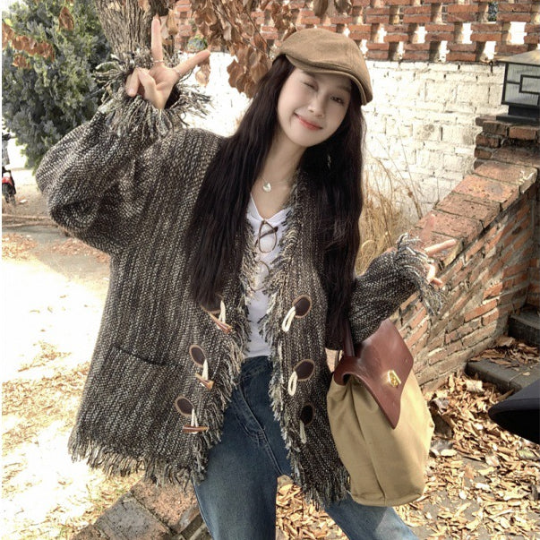 Vintage Crochet Button Furred Edge Fringe Design Feeling Lazy Loose Jacket Cardigan Coat Top