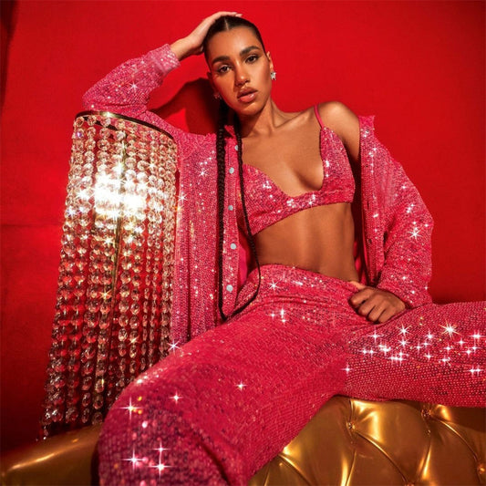 Sequin Long-Sleeved Blouse V-Neck Tank Top Straight-Leg Three-Piece Sexy Spring/Summer Y2K Party Set