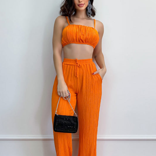 Summer Suit Women Solid Color Sleeveless Waist Sexy Pants Women's Two-Piece Set