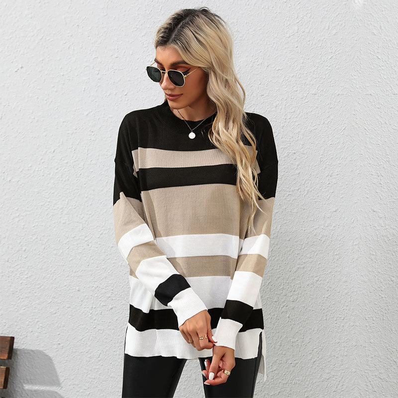 Striped Elegance for Autumn & Winter: Women's Long-Sleeved Fashion Sweater