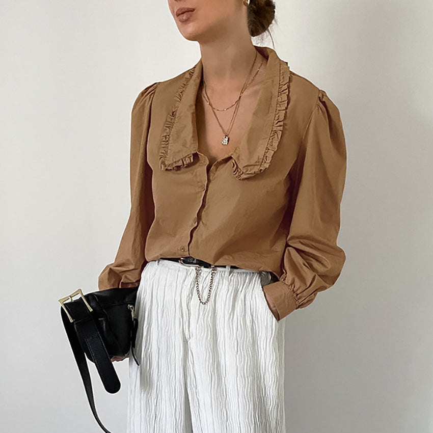 Brown Cotton Pleated Baggy Lapel Blouse New Fall Fashion Top