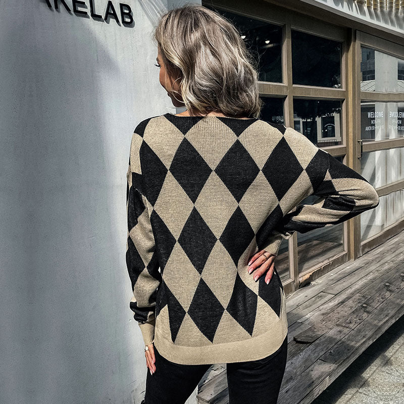 New Fashion Women's Autumn Winter Ring-Checkered Long-Sleeved Sweater Female