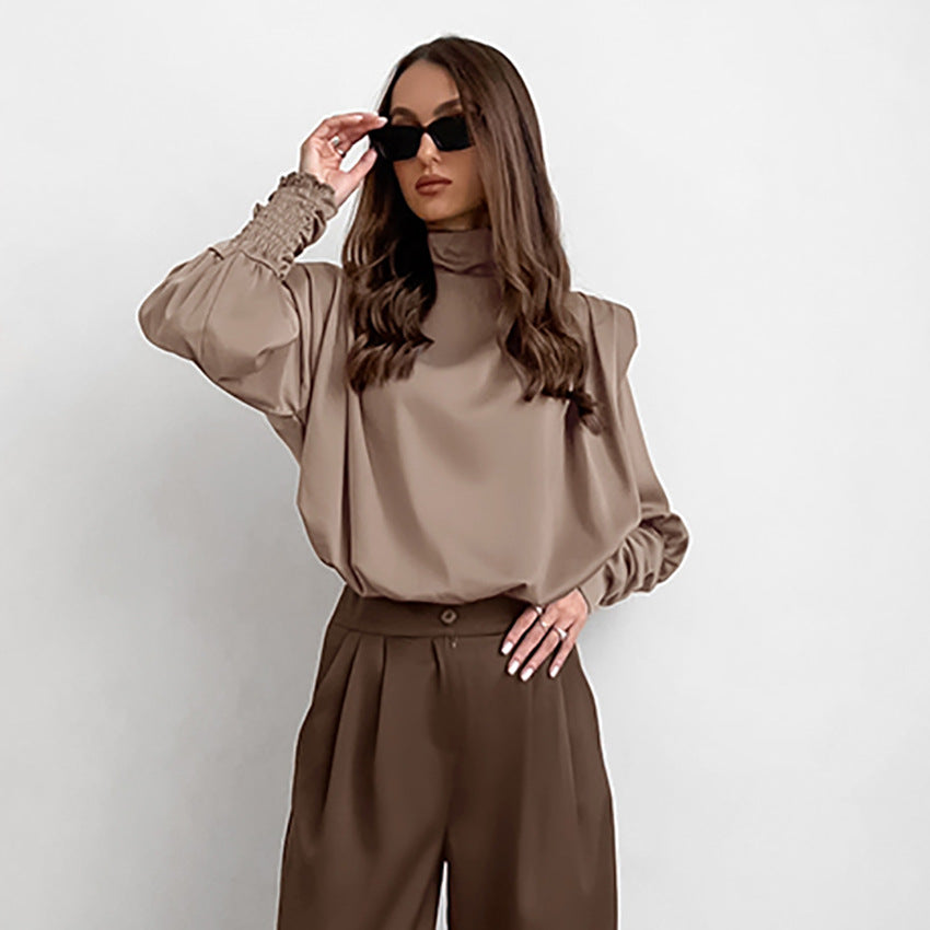 Brown Thin Soft Matte Color Ding High-Neck Lantern Sleeve Shirt New Fall Fashion Commuter Woman