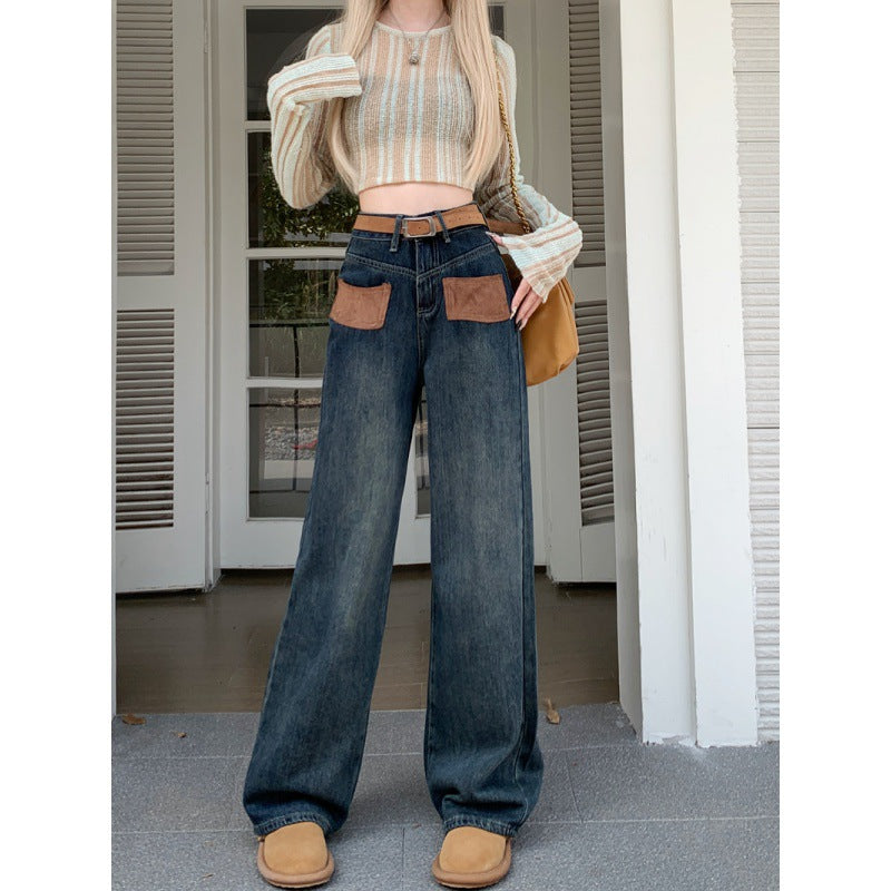 Autumn And Winter New High-Waisted Straight Leg Denim Trousers Women's Pocket Loose Wide Leg Mop Pants