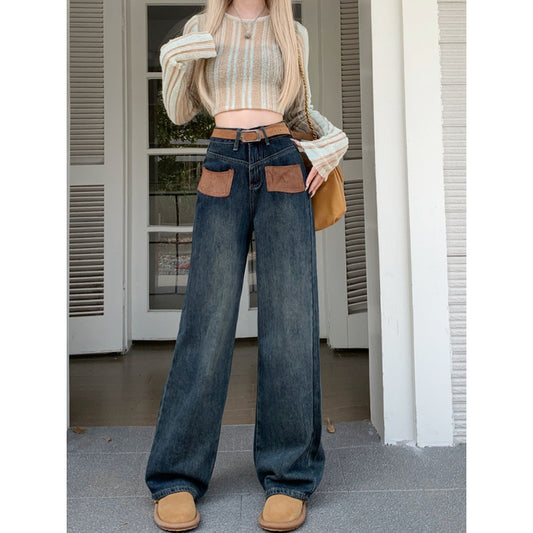 Autumn And Winter New High-Waisted Straight Leg Denim Trousers Women's Pocket Loose Wide Leg Mop Pants